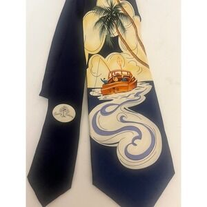 Tommy Bahama Mens Silk Tie Navy Blue Tropical Fishing Boat Palm Trees Hand Made